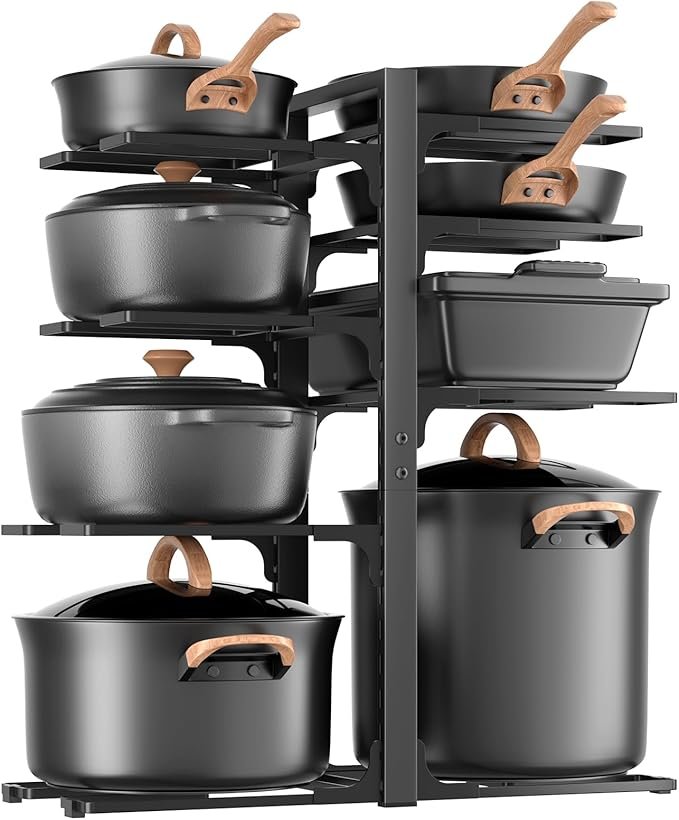 LAMU Pots and Pans Organizer under Cabinet 20.8" Height, 8 Tier Heavy Duty Pan Organizers inside Cabinet Kitchen Storage, Adjustable Pot Rack Holds up to 120 LB for Big Stockpots, Cast-iron Cookware