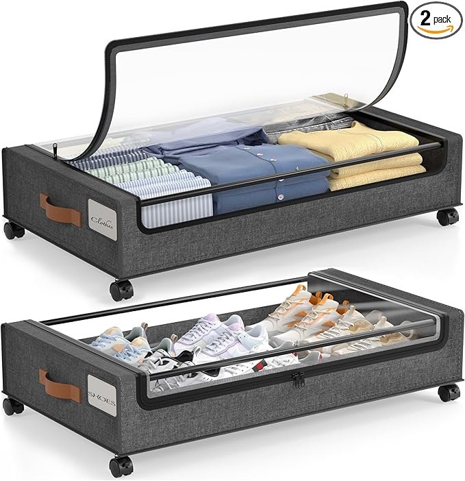 LAMU Under Bed Storage with Wheels, 2 Pack Under Bed Storage Containers with Clear Lid, XXL 60L Underbed Storage Bins, Rolling Under Bed Metal Drawers for Clothes, Blankets, Shoes, Hemp Grey