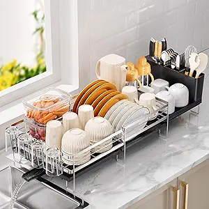 Delamu Stainless Steel Dish Drying Rack, Expandable Dish Drainer, Anti-Rust Large Dish Racks for Kitchen Counter, Dish Strainers with Drainboard, Utensil Holder & Cup Holder, 13.4"-28.7" L x 11.8" W